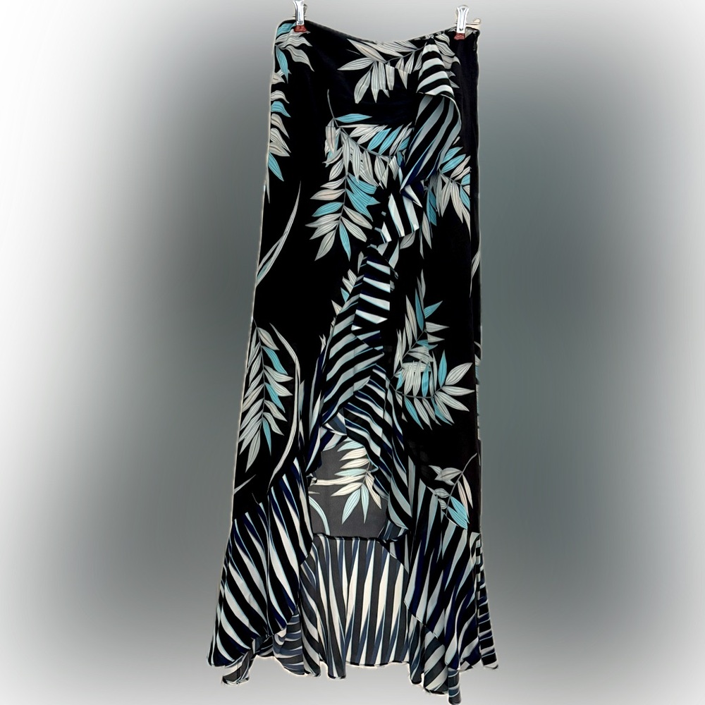 Ramy Brook Kyle Fern-Print Draped Long Skirt Maxi color: black/white/blue Size 0